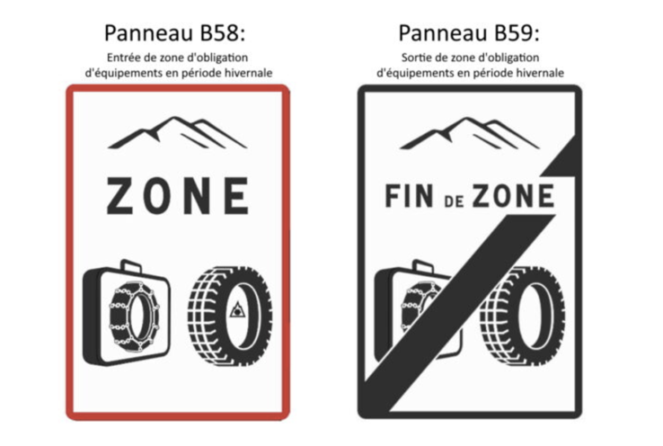 Panneaux B58 et B59 : entrée et sortie de zone d'obligation d'équipements en période hivernale